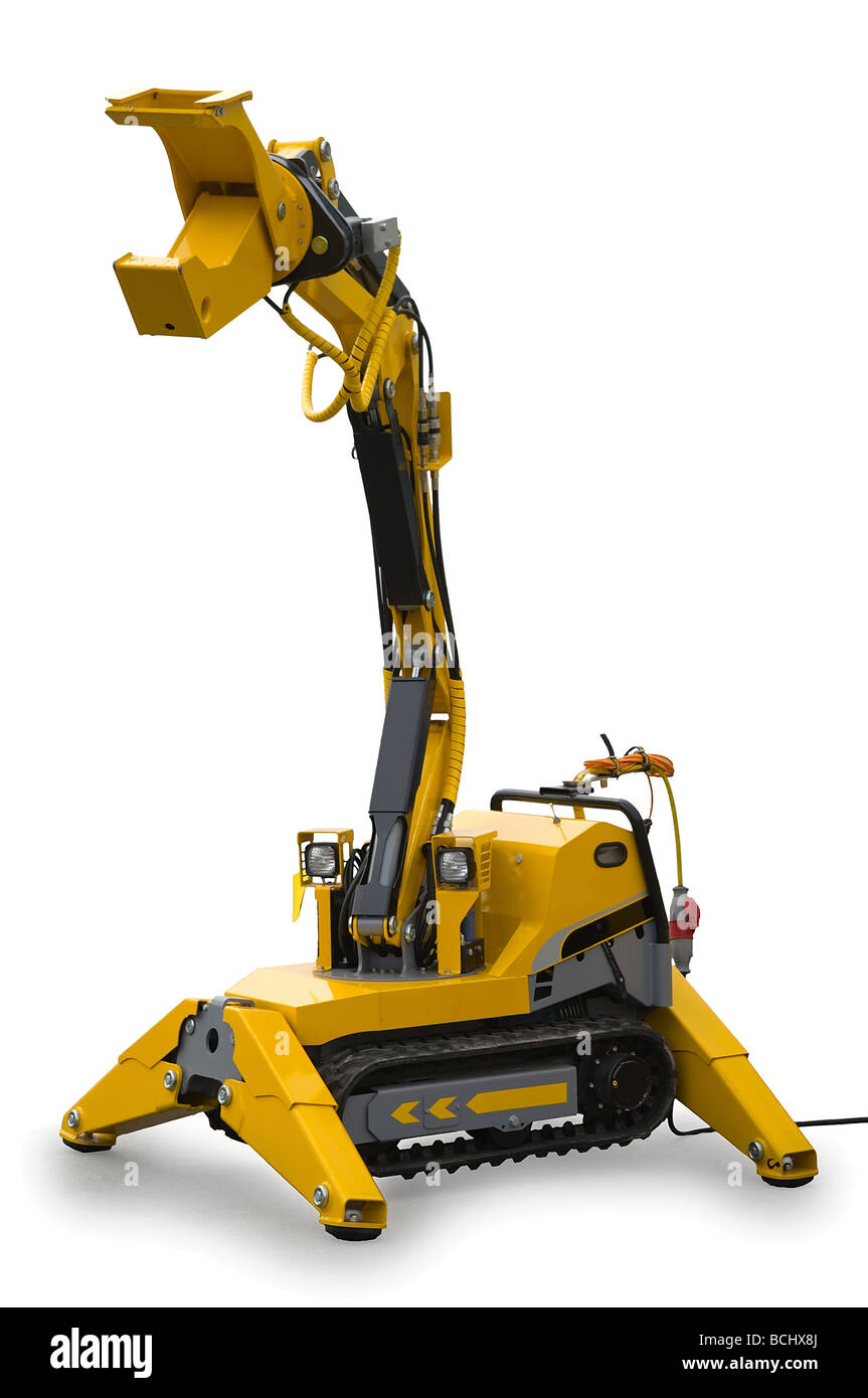 Gelbe mechanischen robotisierte Mechanismus mit Caterpillar. Greifarm wird geöffnet.  Weiß, mit Beschneidungspfad isoliert. Stockfoto