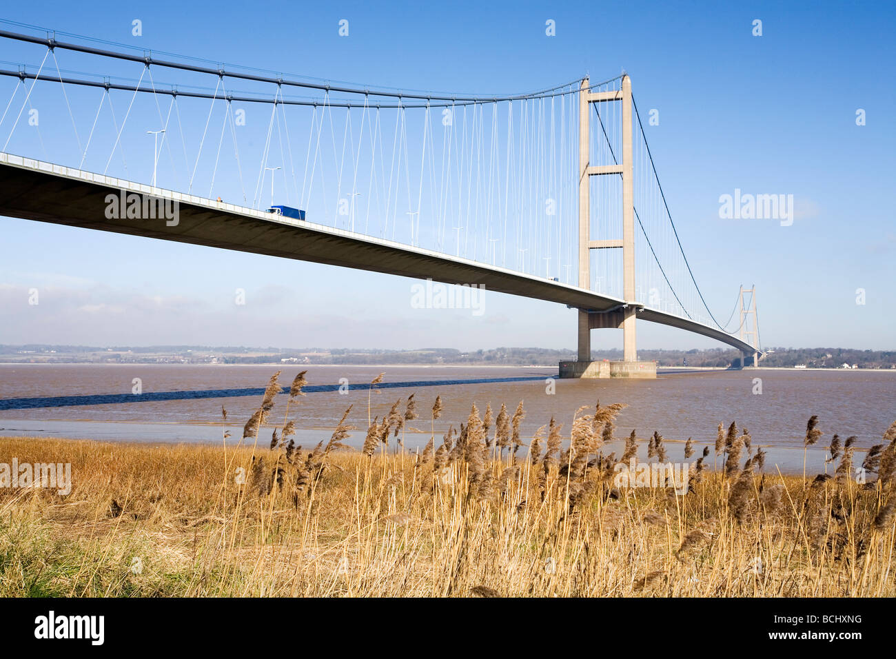 Humber Brücke vom Südufer Stockfoto