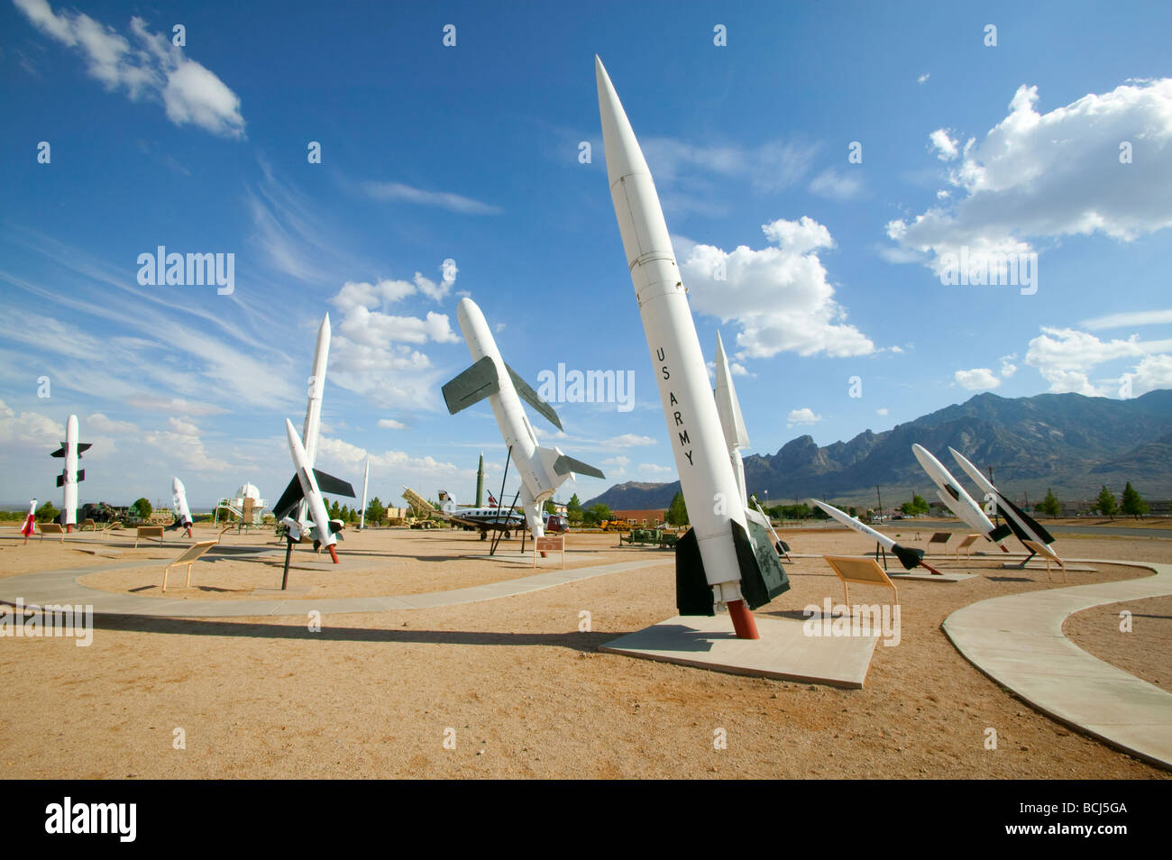 Raketen auf dem Display an der White Sands Missile Range Museum in New Mexiko Stockfoto
