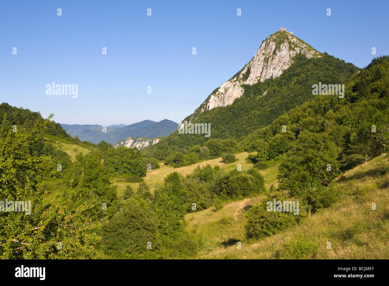 Montségur, Languedoc-Midi-Pyrénées, Ariege, Frankreich Stockfoto