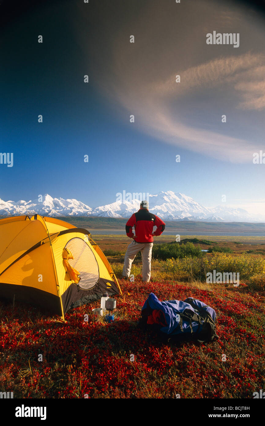Backpacker-Zelten auf Tundra Denali NP IN AK Herbst Ansichten Mt McKinley & AK-Sortiment Stockfoto