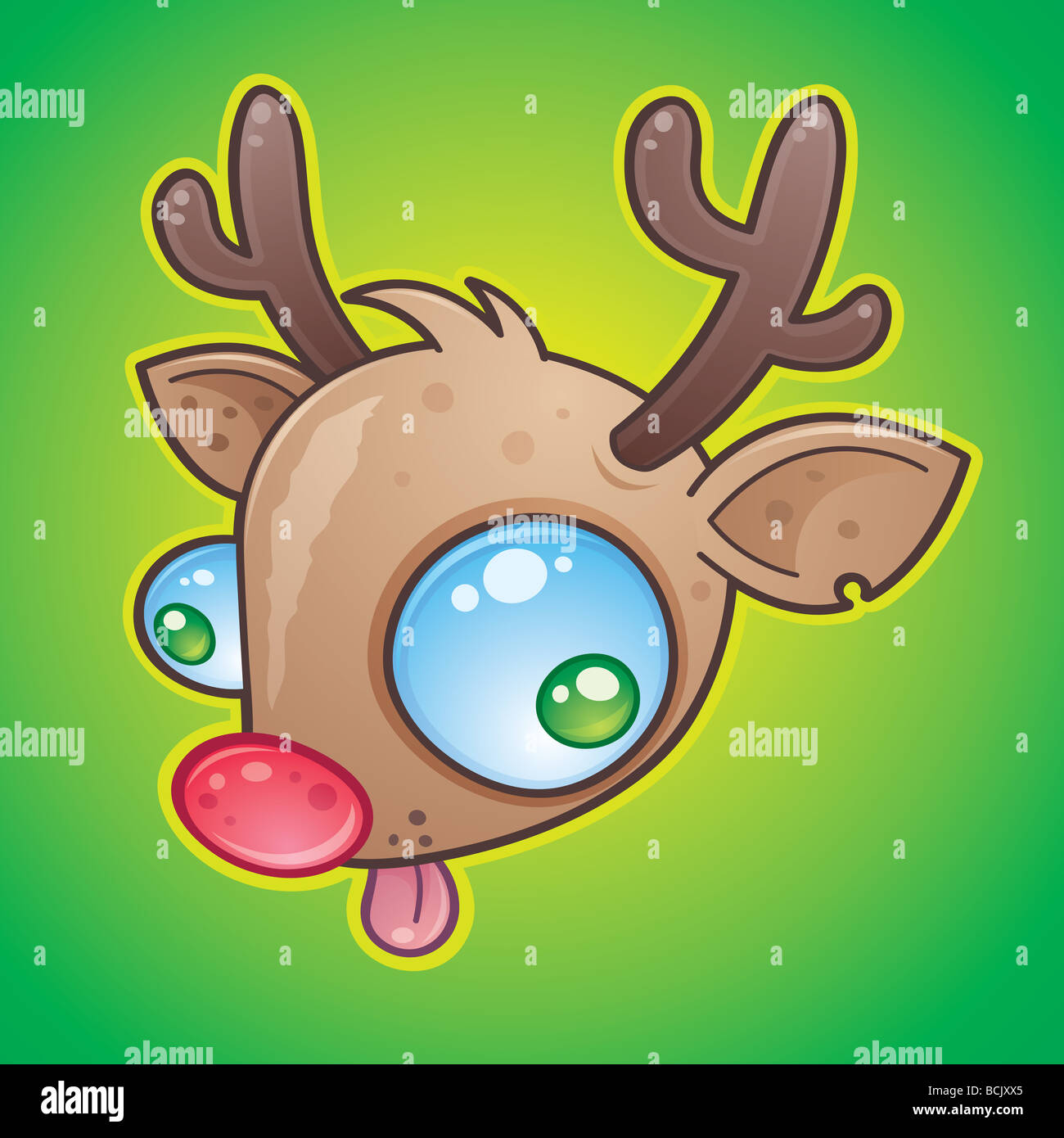 Verrückte Rudolph The Red Nosed Reindeer Gesicht mit weit aufgerissenen Augen seine Zunge. in einem humorvollen Cartoon-Stil gezeichnet. Stockfoto