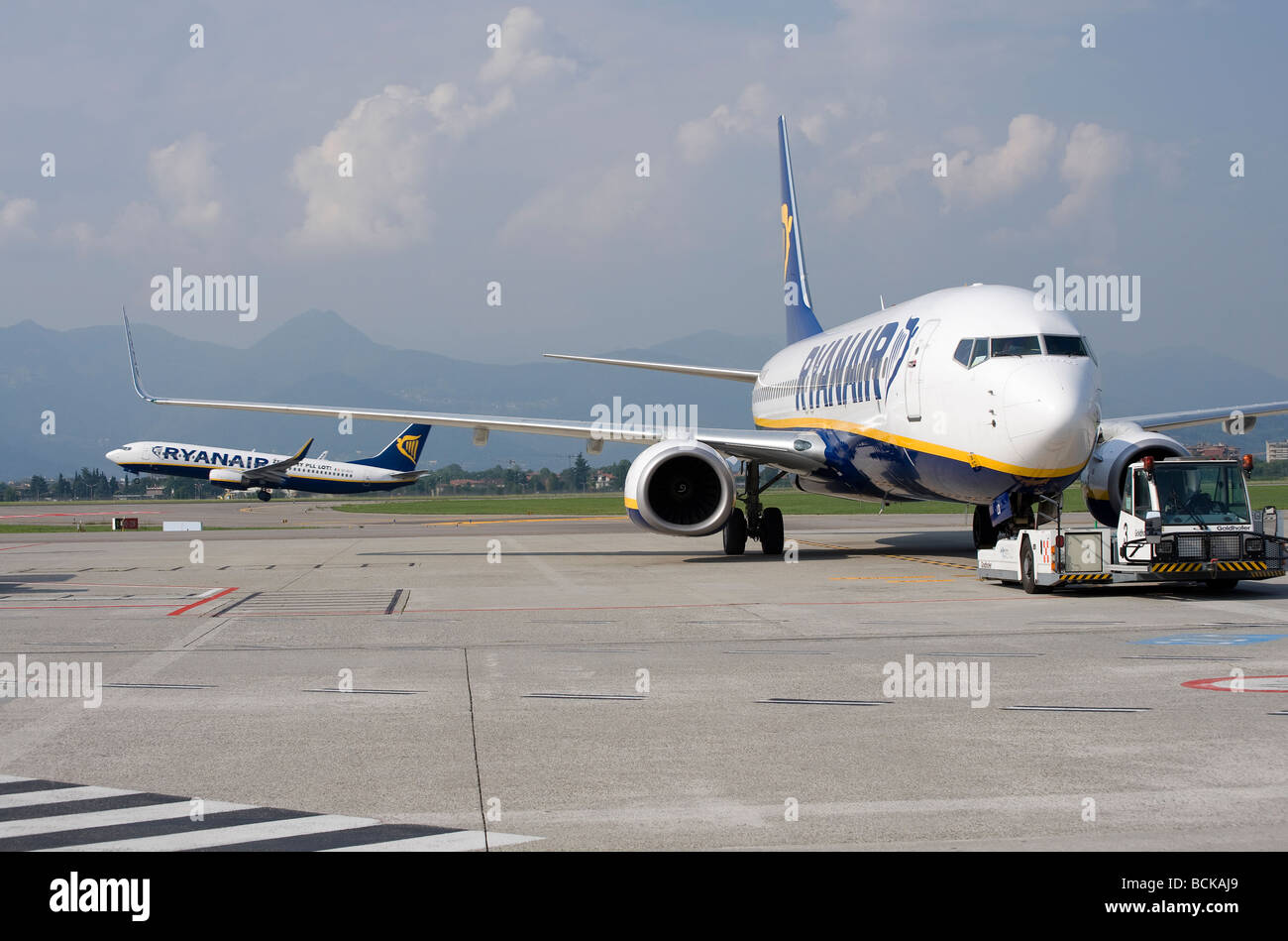 Ryanair-Flugzeug am Flughafen von Bergamo, Italien Stockfoto