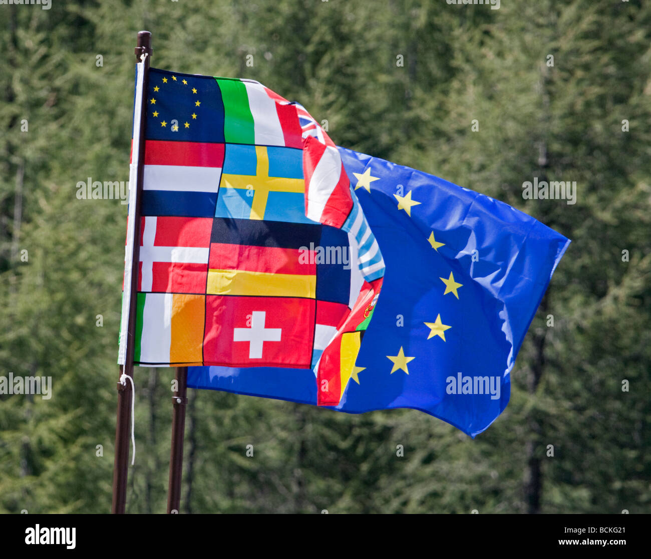 Zwei Europäische Union Flaggen angezeigt Nationalflaggen und Stars, Italien Stockfoto