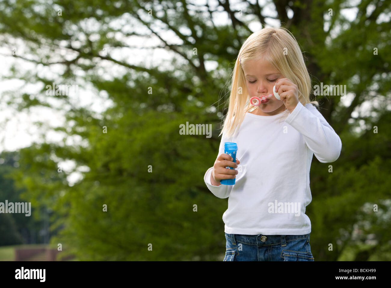 Niedliche kleine vier jährige Mädchen bläst Seifenblasen im park Stockfoto
