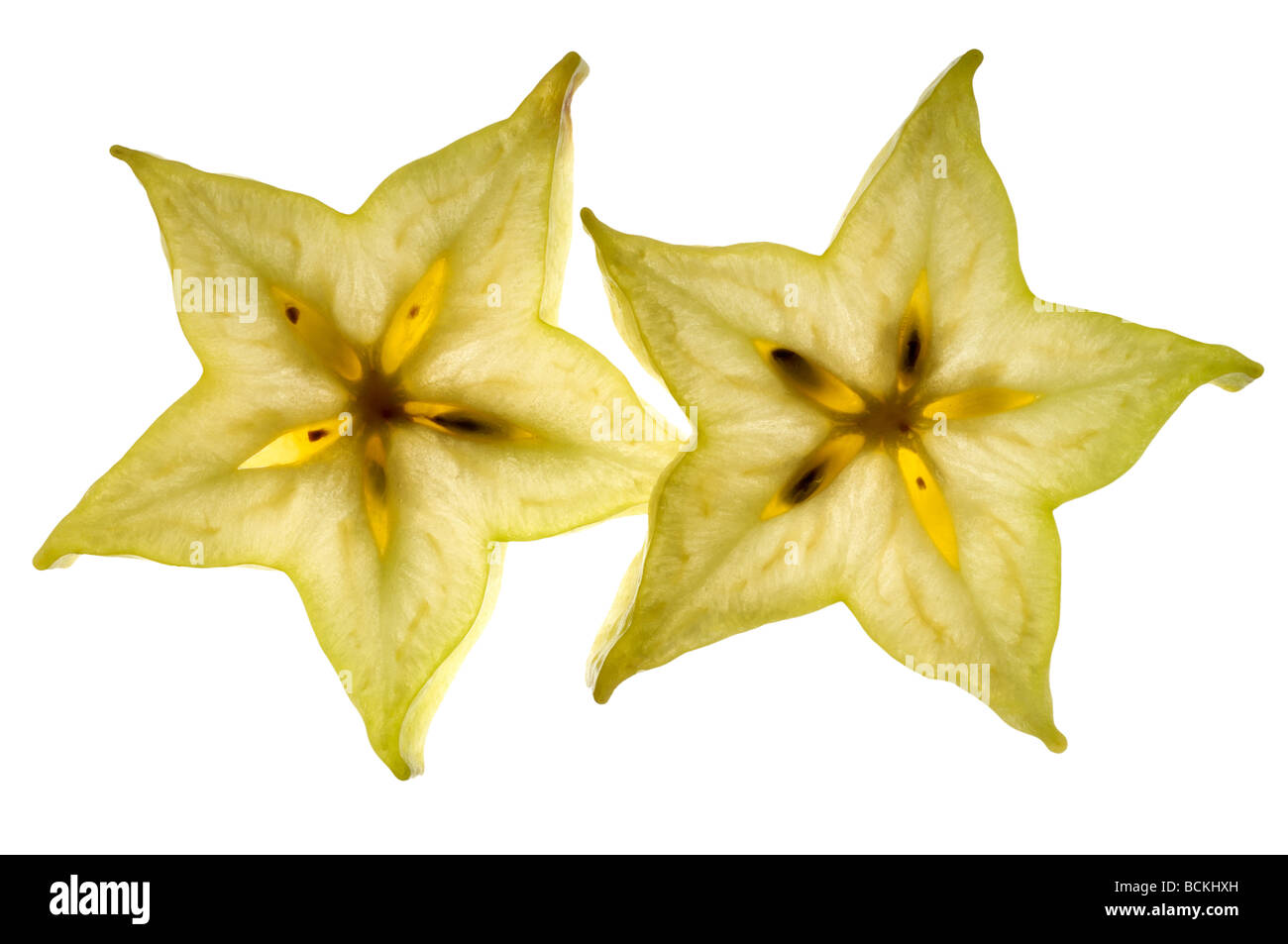 Scheibe Sternfrüchte auf weißem Hintergrund Stockfoto