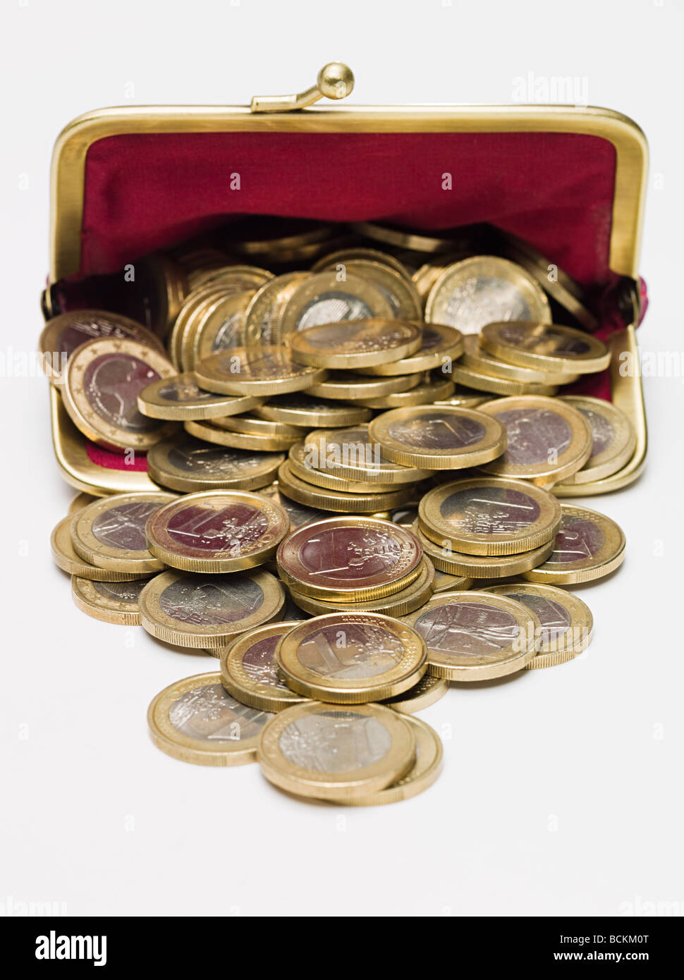 Euro-Münzen in der Handtasche Stockfoto
