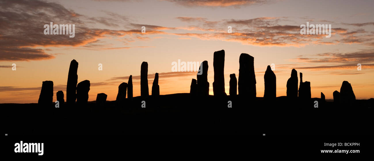Callanish Steinkreis, Sonnenuntergang am Sommer-Sonnenwende, Isle of Lewis, äußeren Hebriden, Schottland Stockfoto