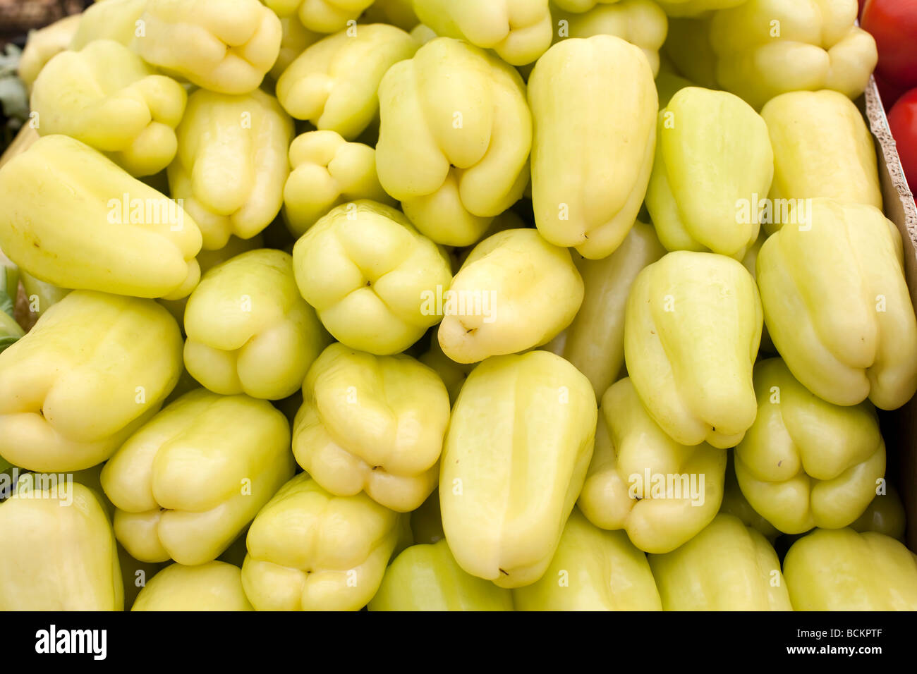 Natürlich verkauft angebautes Gemüse auf dem Markt gelber Pfeffer Stockfoto