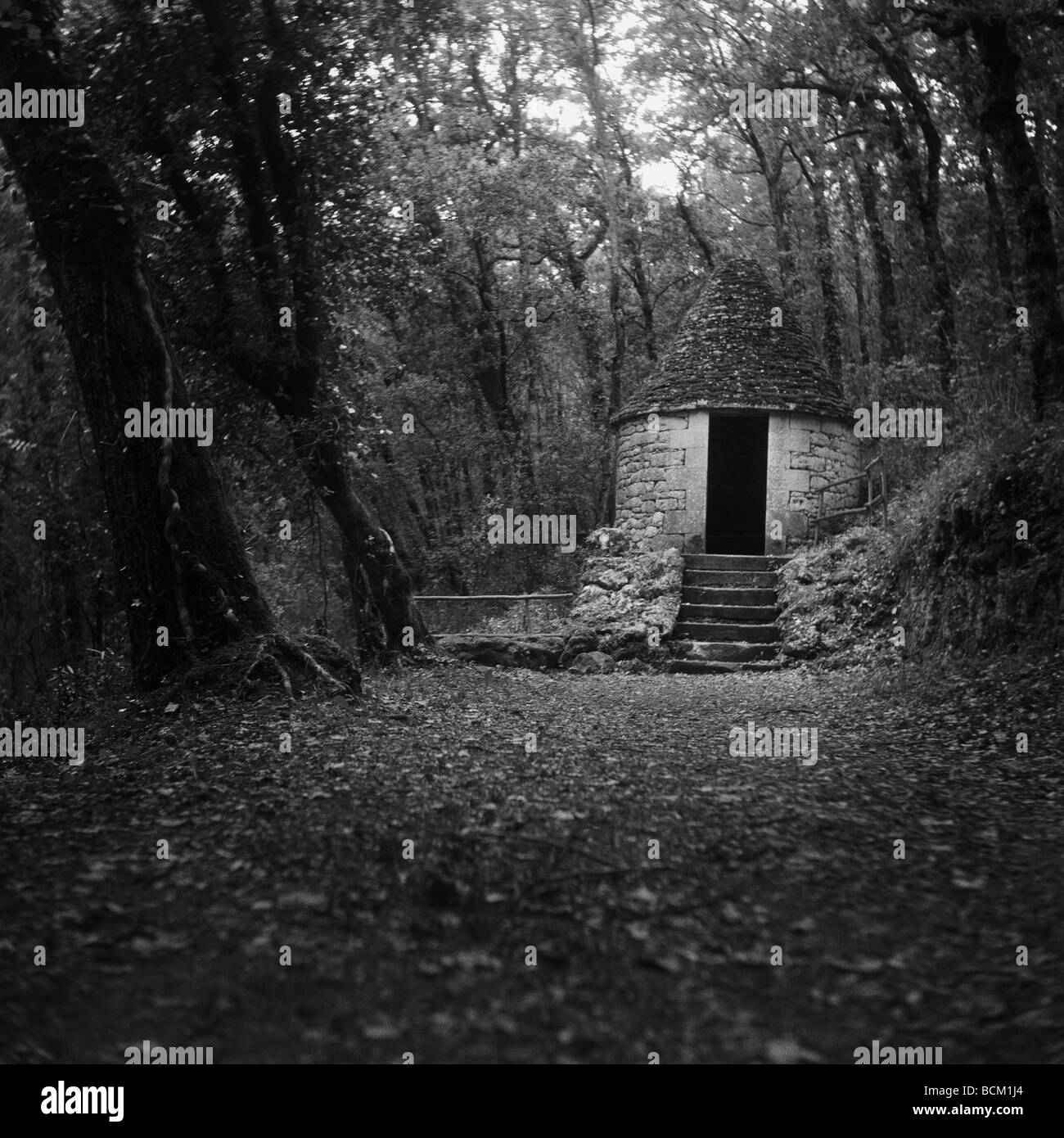 Kleines Steinhaus in Wäldern, schwarz / weiß Stockfoto
