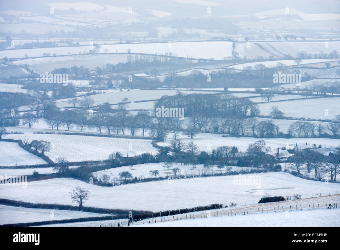 Schneebedeckte Mitte Devon Landschaft im Winter in der Nähe von Crediton, Februar 2009 Stockfoto