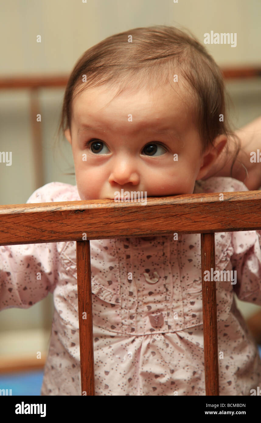 6 Monate altes Babymädchen kauen Laufstall Stockfoto