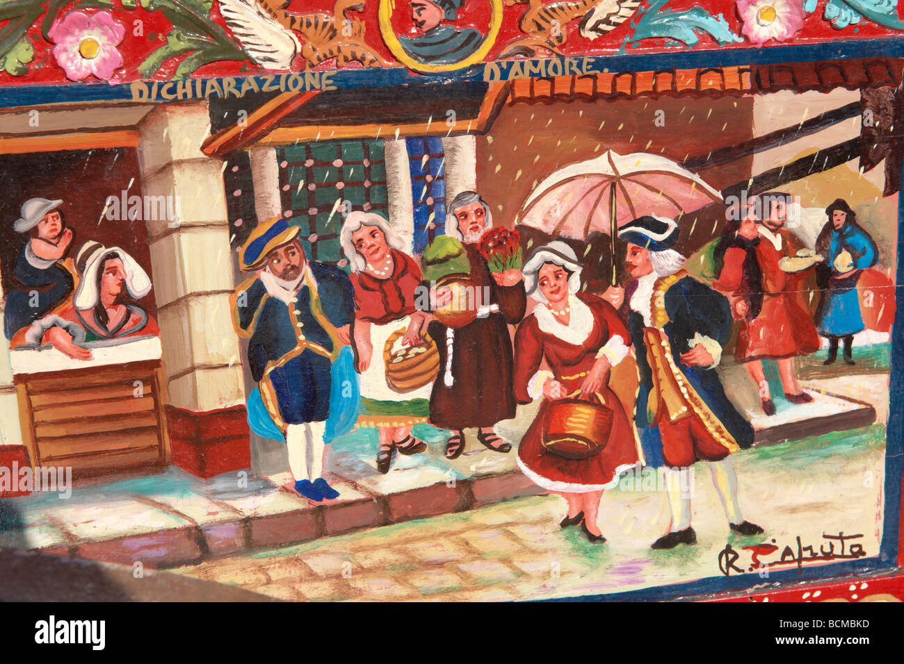 Traditionelle sizilianische Volkskunst auf einem Holzkarren, der Volkskunst darstellt Geschichten von Sizilien Stockfoto