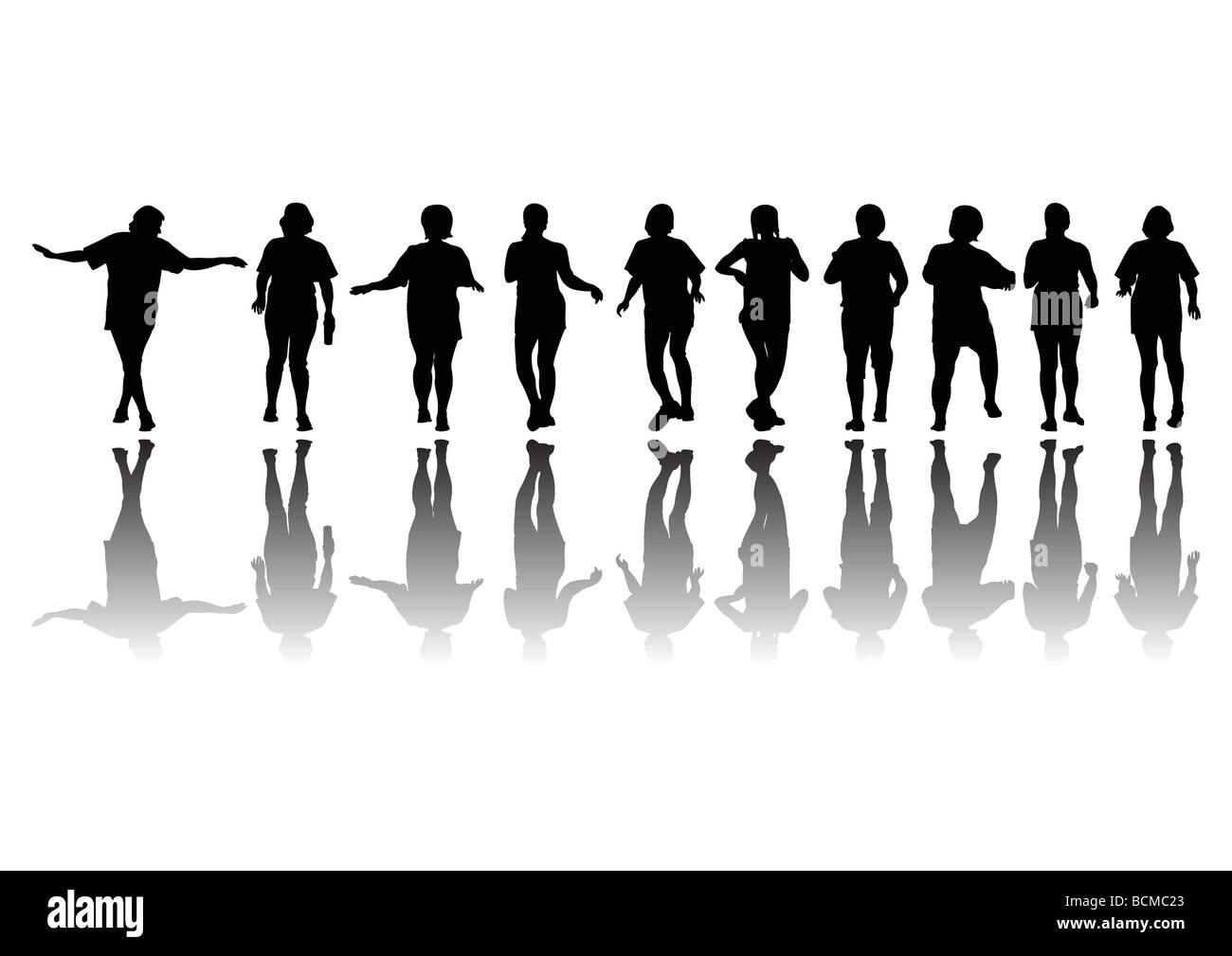 Untauglich Frauengruppe in der Silhouette, die Aerobic-Übungen Stockfoto