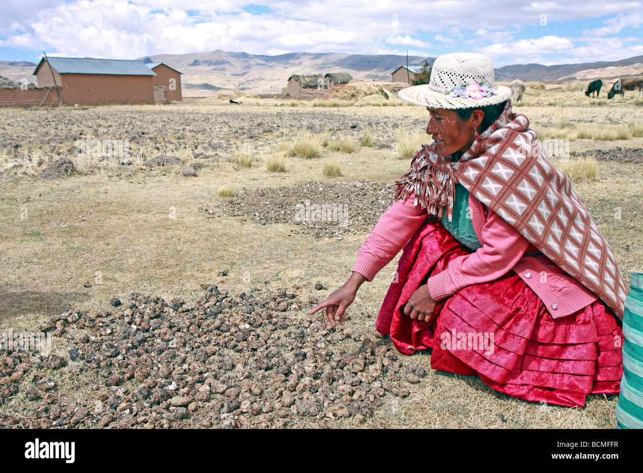 Frau auf einem Bauernhof in der Nähe von Juli, Puno, Peru Stockfoto