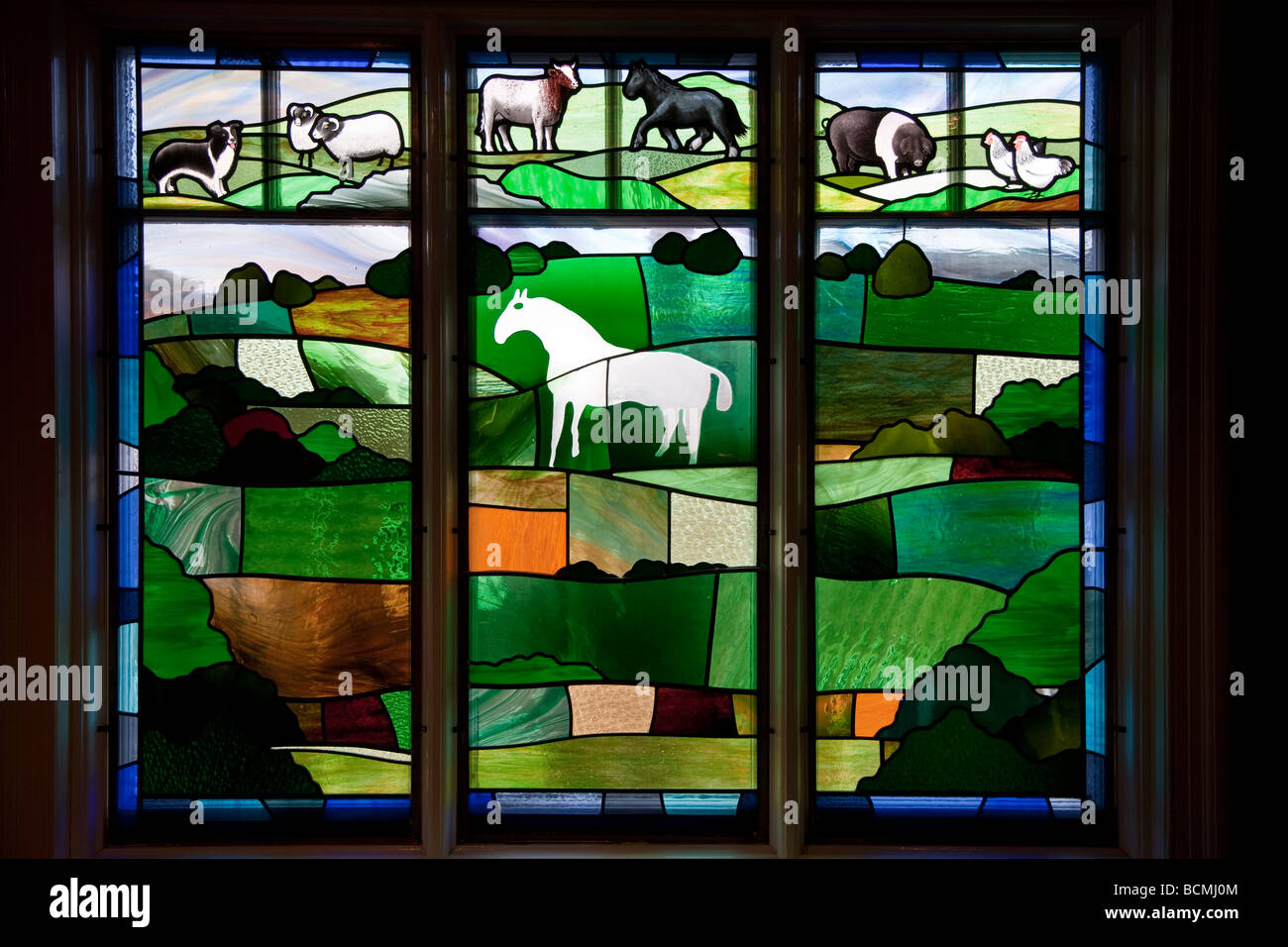 Glasfenster in der Welt von James Herriot Museum Kirkgate Thirsk North Yorkshire Stockfoto