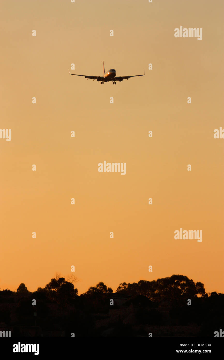 Kommerzielle Luftfahrt, Flugreisen und Umwelt. Boeing 737-800-Flugzeuge fliegen bei Sonnenuntergang über Bäume. CO2-Emissionen und Klimawandel. Stockfoto