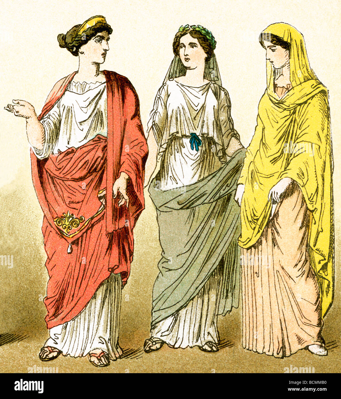 Die Zahlen repräsentieren die drei alten Römerinnen. Die Abbildung stammt bis 1882. Stockfoto