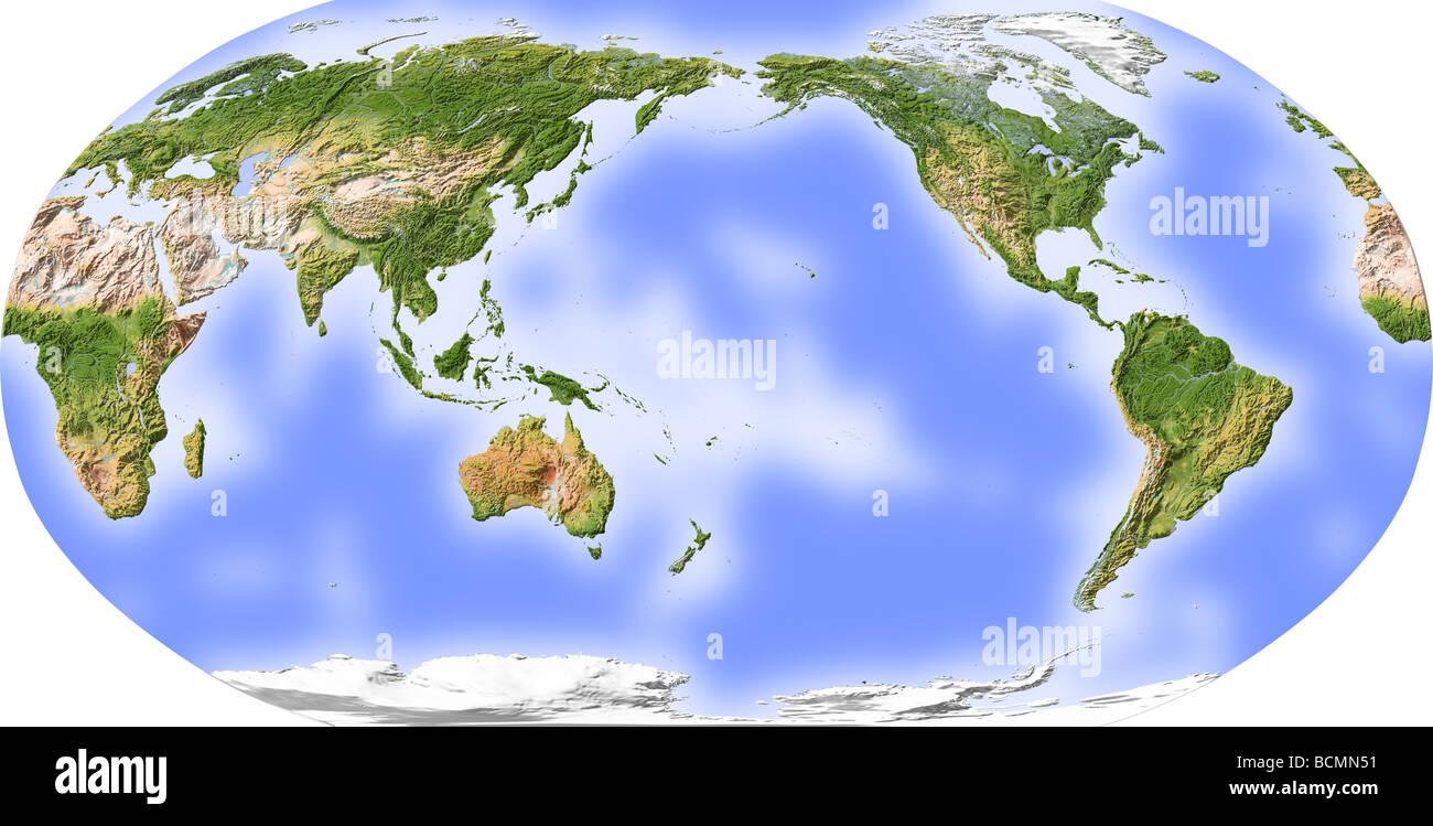 Weltkarte, schattierten Relief, zentriert auf dem Pazifik. Stockfoto