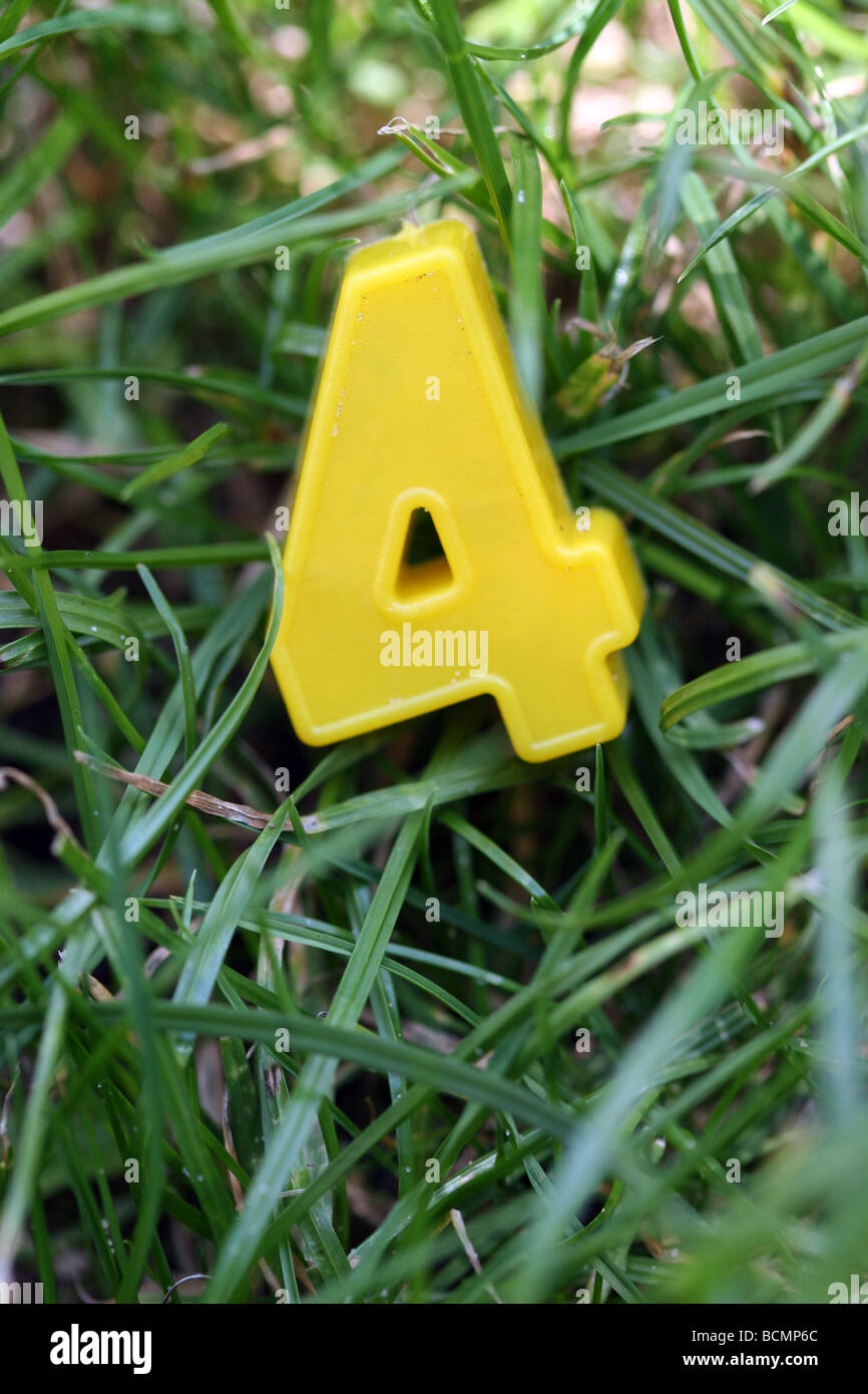 Gelbe Kühlschrank magnet Nummer vier liegend auf Gras Stockfoto