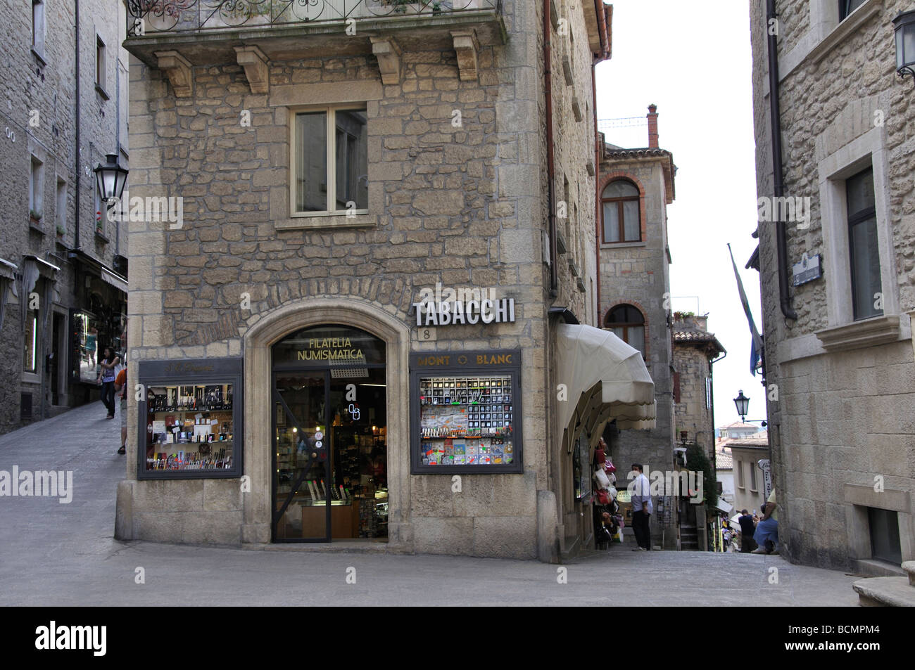 San Marino Street und Philatelie Shop Stockfoto