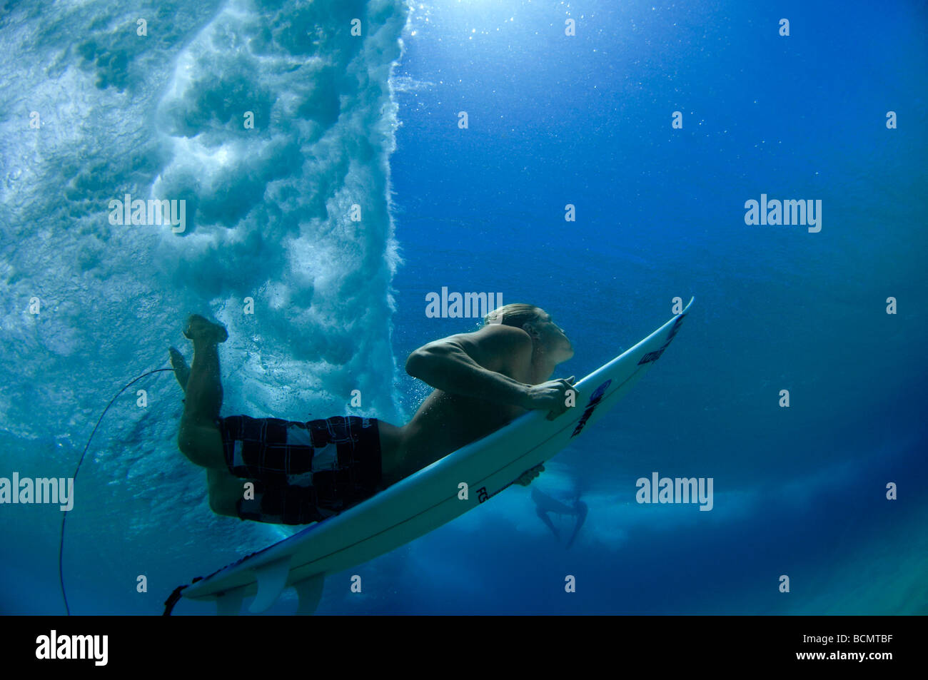 Ente unter Welle tauchen Stockfoto