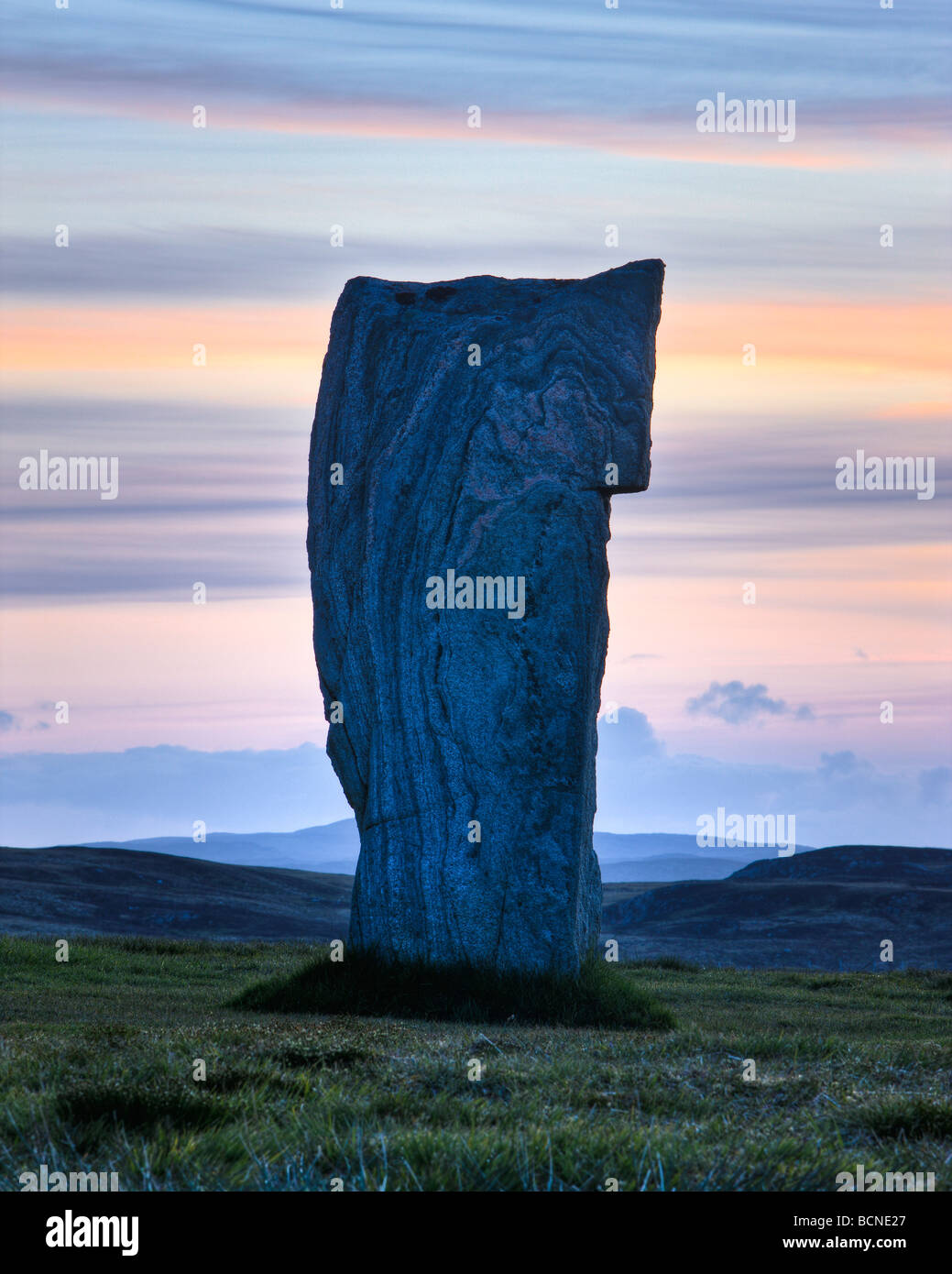Nummer eins Menhir Callanish Kreis bei Sonnenuntergang Isle of Lewis Scotland Stockfoto