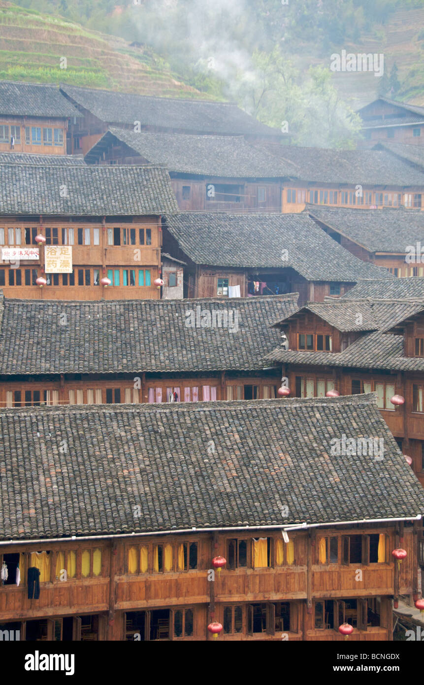 Dach an der Spitze Pingan Zhuang Minderheit Dorf Longsheng Guangxi China Stockfoto