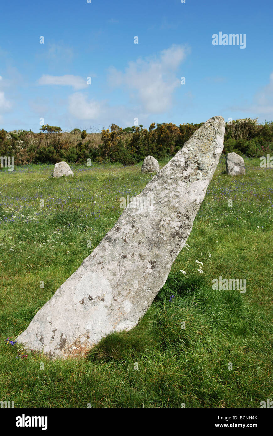 die schrägen Zentrum Stein an der alten Steinkreis "Seilfahrt un' in der Nähe von st.buryan in Cornwall uk Stockfoto