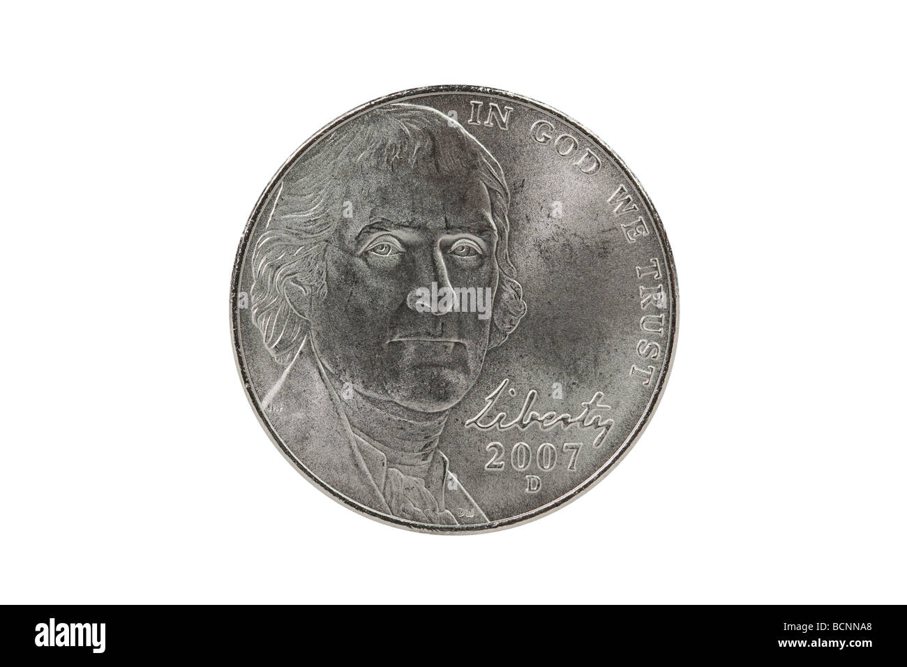 Thomas Jefferson Nickel Münze mit Beschneidungspfad. Stockfoto