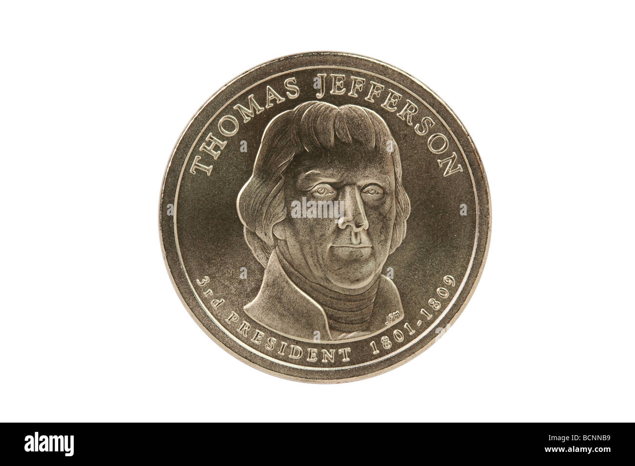 Thomas Jefferson Presidential Dollar-Münze mit Beschneidungspfad. Stockfoto