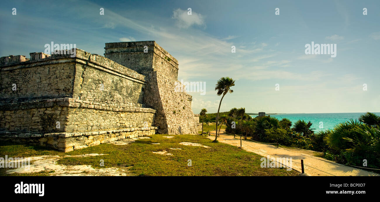 Ein Panorama-Bild der Haupttempel Struktur in der antiken Maya-Stadt Tulum Mexiko Stockfoto