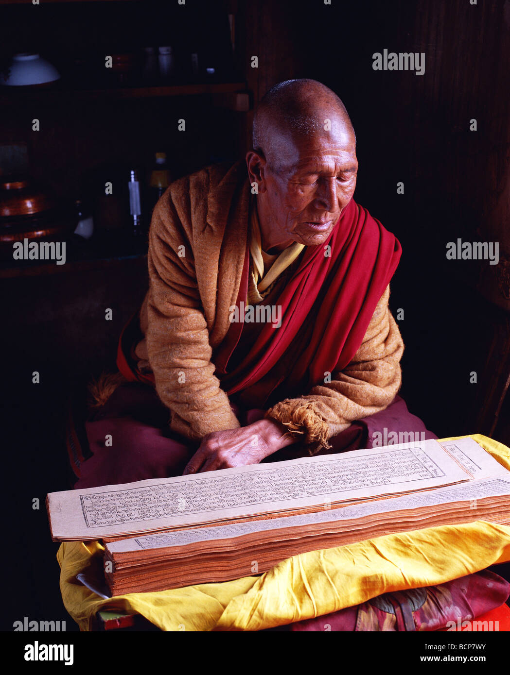 Ältere tibetisch-buddhistischen Lama Studium der Heiligen Schrift, Gadan Songzanlin Tempel, Shangri-La, DiQing tibetischen autonomen Stockfoto