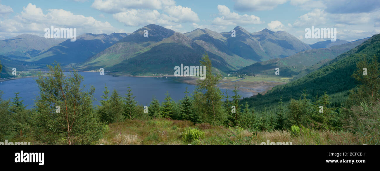 Einen Panoramablick über die fünf Schwestern von Kintail aus Ratagan Wald in Glenshiel. Stockfoto