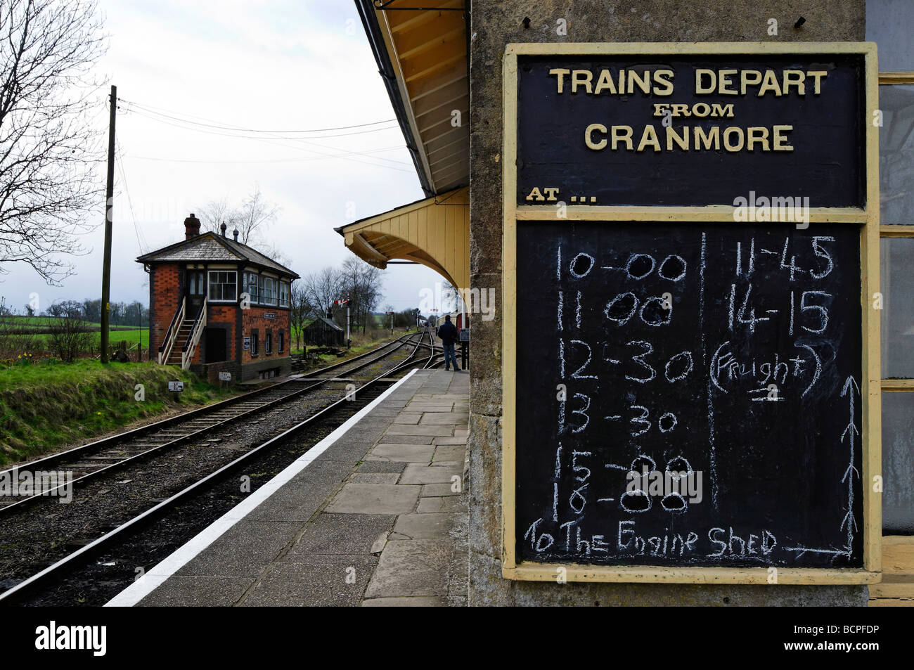 Cranmore Bahnhof, Anzeigentafel Stockfoto