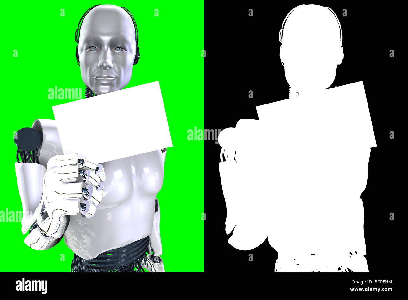 Ein Roboter liefert eine leere Karte, Brief, Nachricht. Sie können mit Ihrer Nachricht im Bereich füllen. Alpha-Kanal enthält. Stockfoto