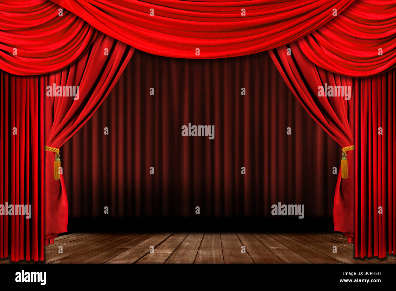 Dramatische rot alt altmodisch elegant Theaterbühne mit Samt Vorhang Vorhänge Stockfoto