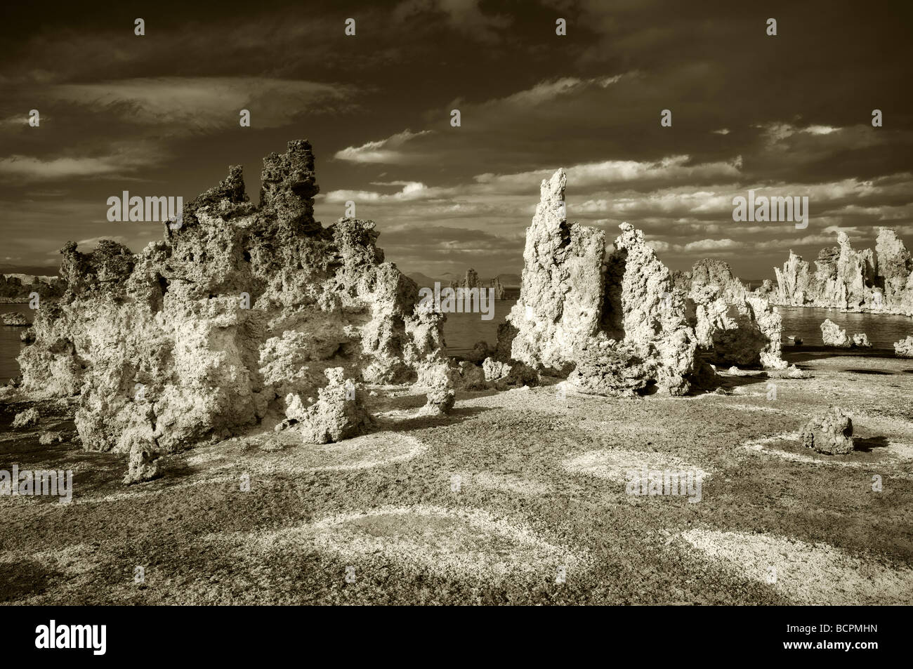 Rote Kreise und Tuffstein Mono Lake Kalifornien Stockfoto