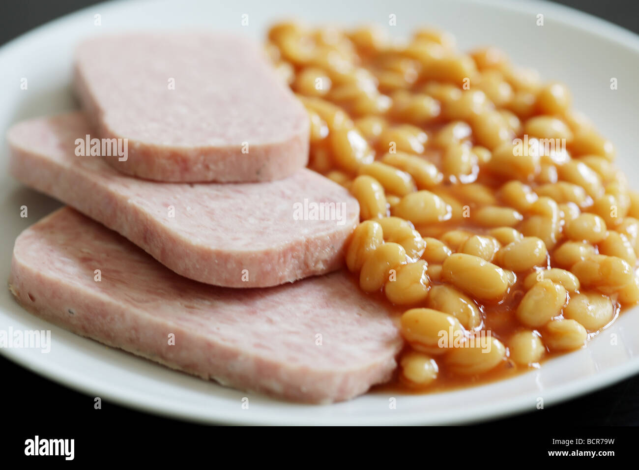 Spam mit Baked Beans Stockfoto