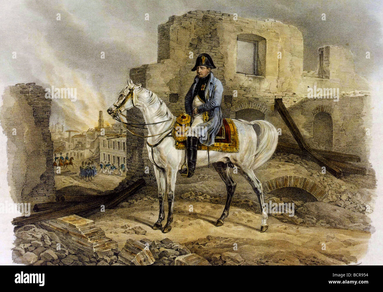 NAPOLEON in den Ruinen von Moskau 22. September 1812 gezeichnet von Albrecht Adam, begleitet von der französischen Armee - siehe Beschreibung unten Stockfoto