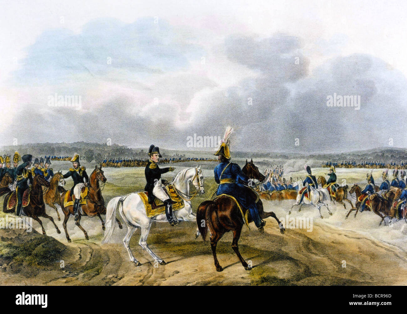 NAPOLEON reconnoiters am rechten Ufer der Dwina am 24. Juli 1812 während seiner Invasion in Russland. Kupferstich von Albrecht Adam Stockfoto