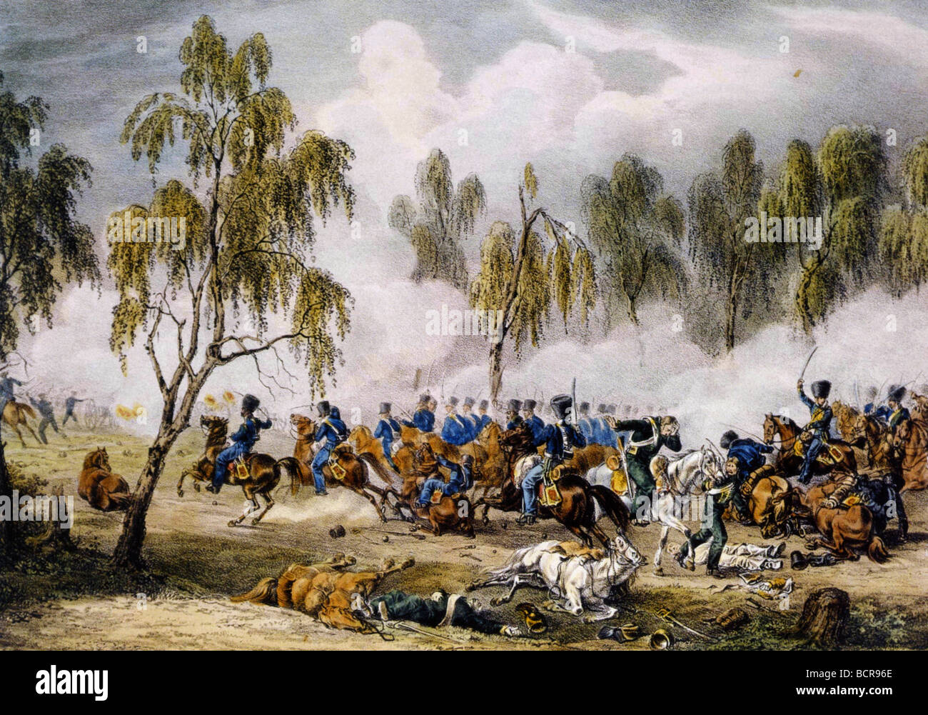 Schlacht von OSTROVNO 25. Juli 1812 während Napoleons Invasion in Russland gesehen von Albrecht Adam, die die französische Armee begleitet Stockfoto