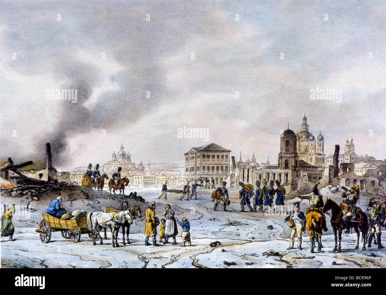 NAPOLEON die französische Armee betritt Ruinen von Smolensk 12. August 1812 ihren Vormarsch in Russland Künstlers Albrecht Adam aufgenommen wurde Stockfoto