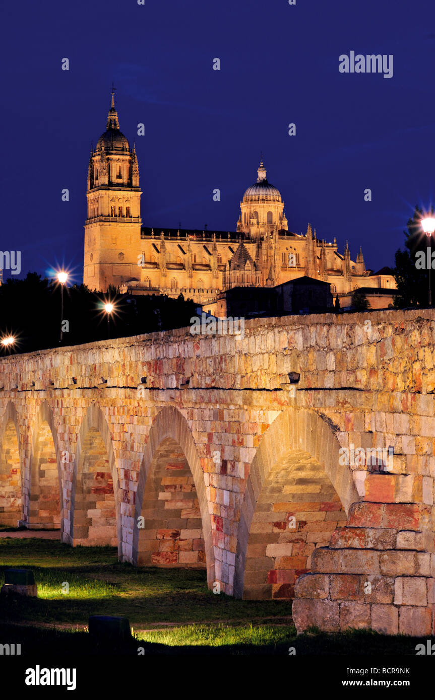 Spanien, Castilla-León: Römische Brücke und Kathedralen von Salamanca bei Nacht Stockfoto