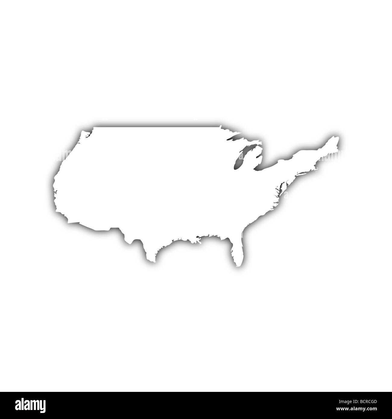 weiße Karte der Usa auf schwarzer Schatten Stockfoto