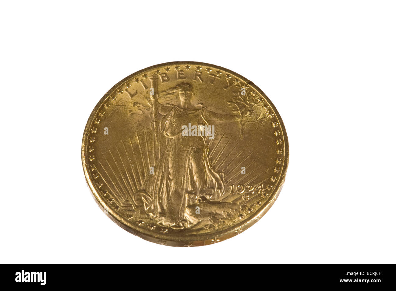 Saint Gaudens Gold Double Eagle Münze Avers, zwanzig Dollar Goldstück mit Beschneidungspfad. Stockfoto