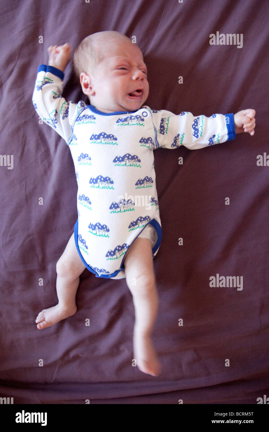 Zwei Monate altes Baby junge auf lila Bettwäsche, London England. Stockfoto