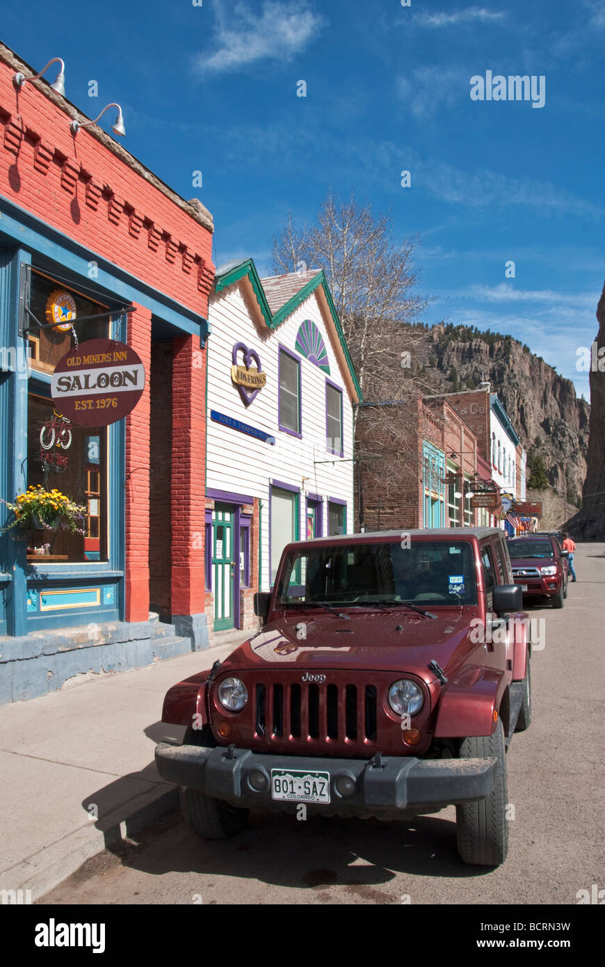 Colorado Creede Innenstadt geparkt 4WD Jeep Wrangler an Hauptstraße Stockfoto