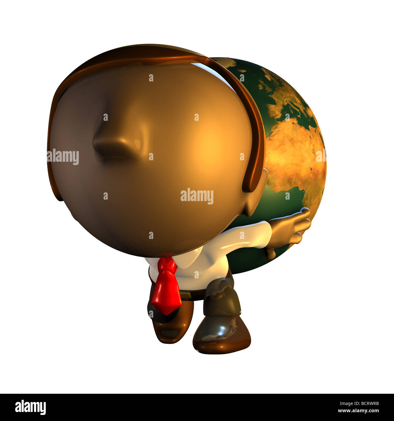 3D Render Geschäftsmann Charakter halten oder die Welt oder Globus wie Atlas auf den Rücken oder Schultern tragen Stockfoto
