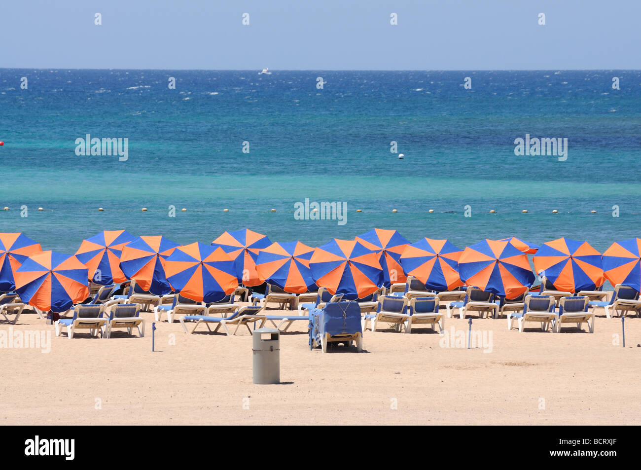 Sonnenliege am Strand von Caleta de Fuste, Kanarischen Insel Fuerteventura, Spanien Stockfoto